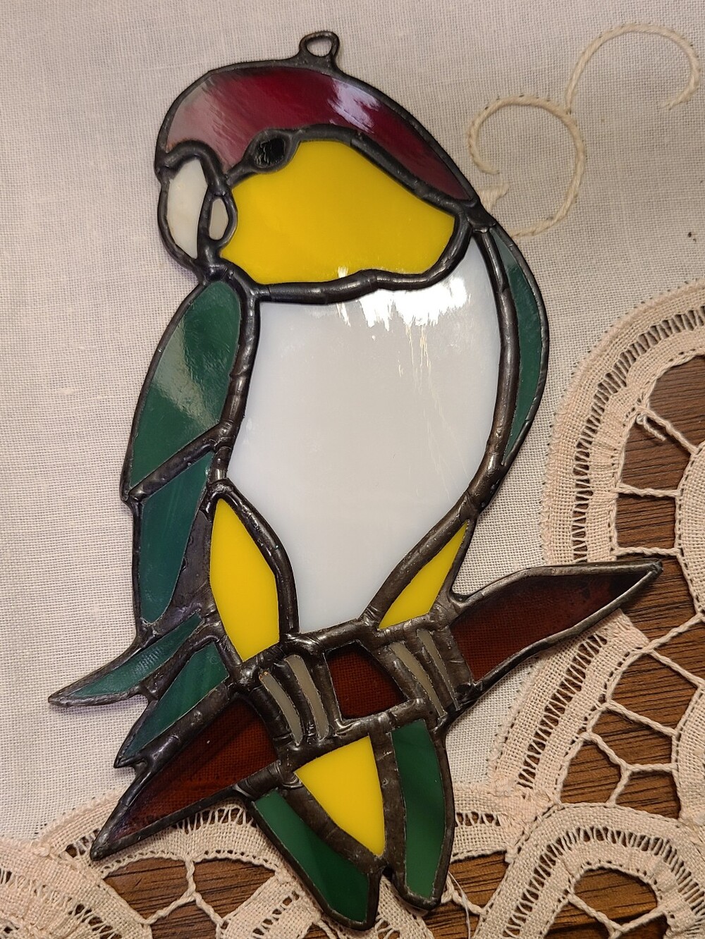 Vtg 80s Handcrafted Stained Glass Parrot Suncatcher Window Hanging 5.5" 🦜